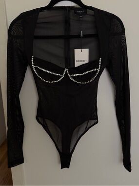 Bardot Black Sheer Long-Sleeve Crystal-Embellished Bodysuit